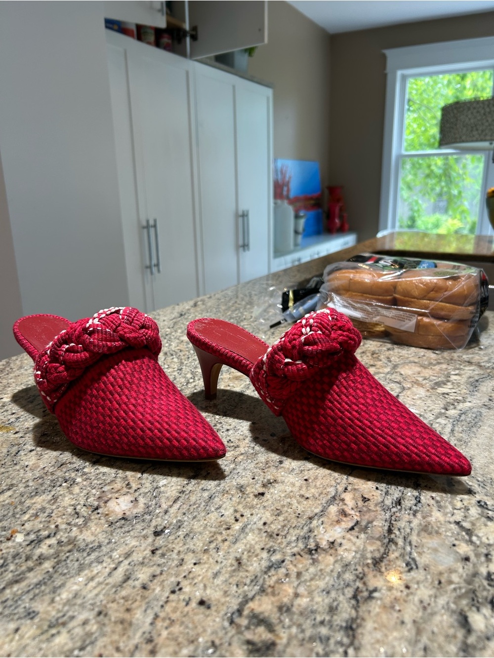 Braided Strap Pointed Toe Red Mule Heels